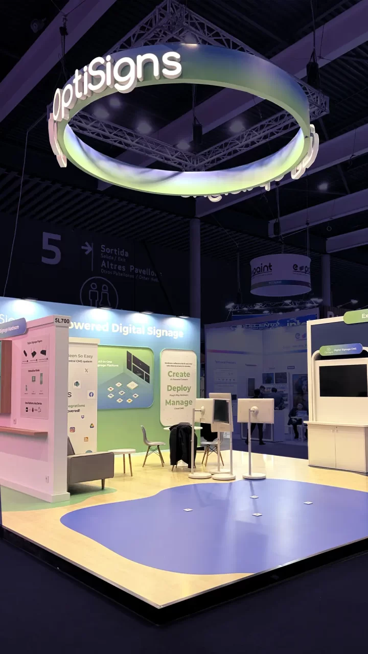 Digital signage trade show booth design for OPTISIGNS at ISE Barcelona 2026 by Diper Exhibitions
