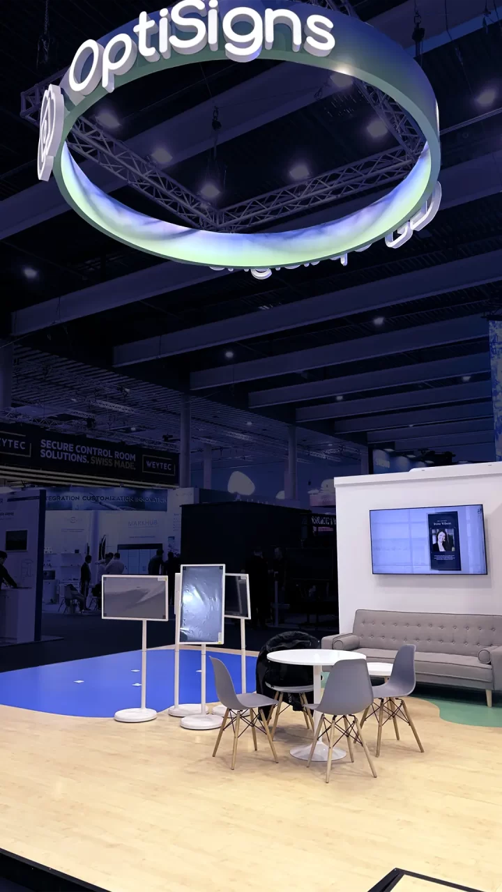 Digital signage trade show booth design for OPTISIGNS at ISE Barcelona 2026 by Diper Exhibitions