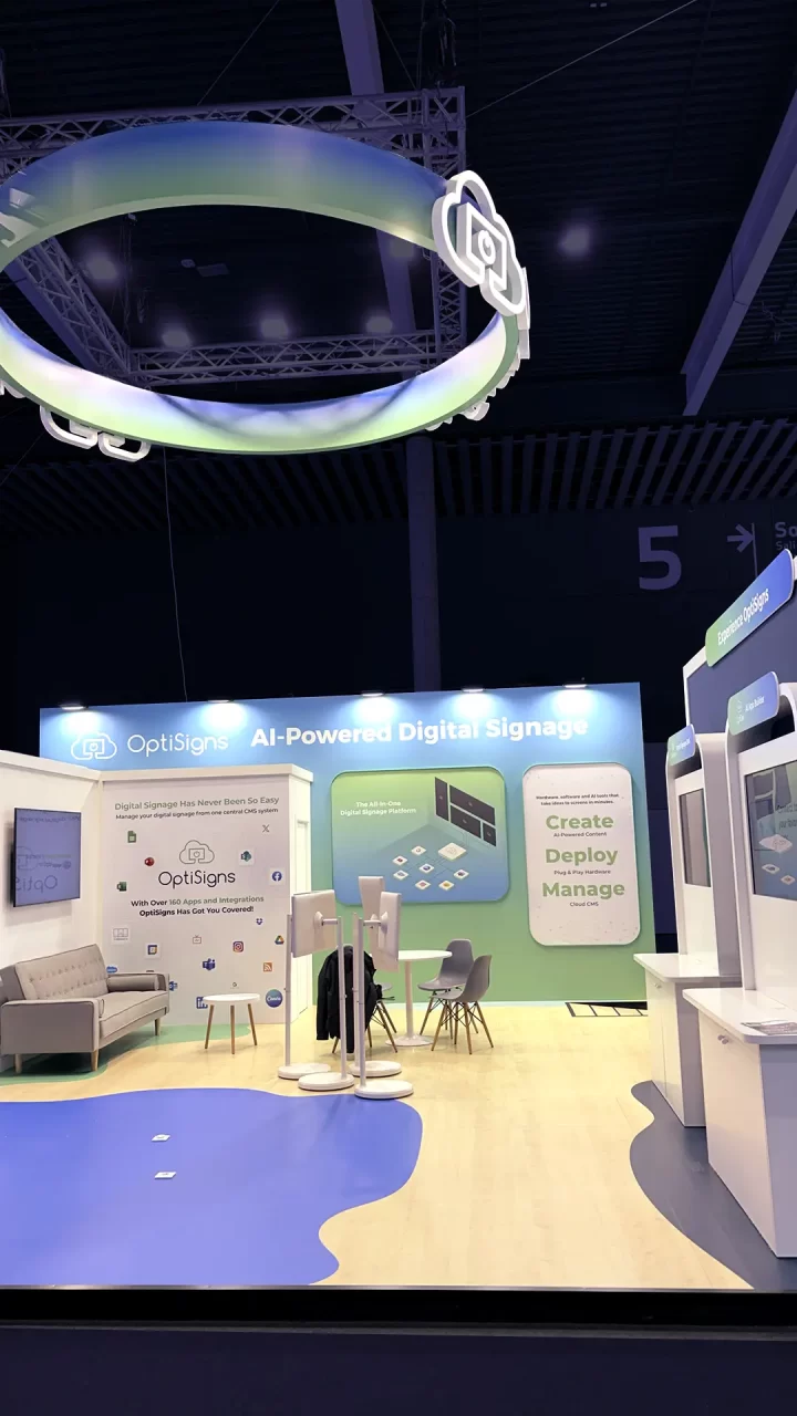 Digital signage trade show booth design for OPTISIGNS at ISE Barcelona 2026 by Diper Exhibitions