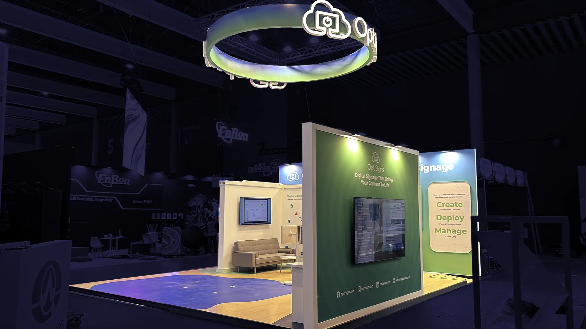 Digital signage trade show booth design for OPTISIGNS at ISE Barcelona 2026 by Diper Exhibitions