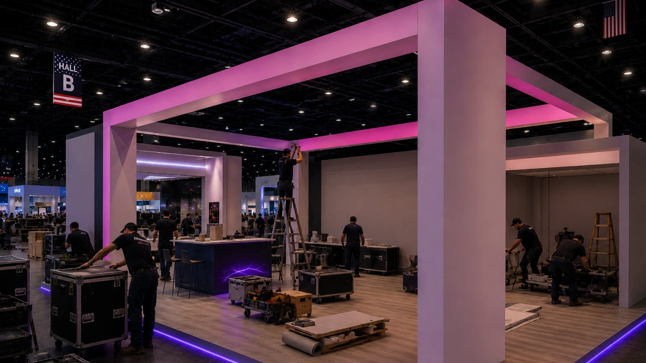Trade show booth installation inside a convention center in the United States