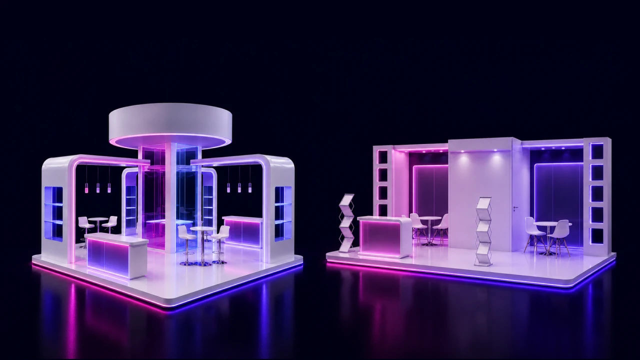 Comparativa entre stand island 360° y stand inline de un solo lado para ferias en Estados Unidos