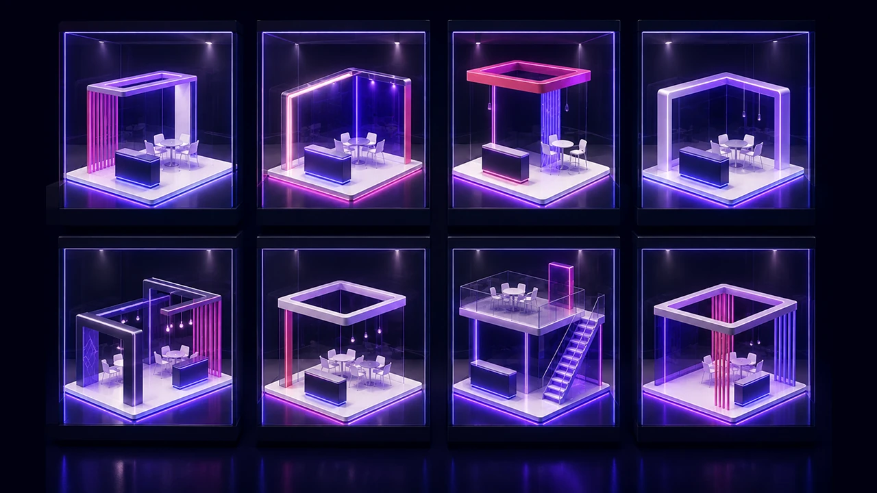 Comparativa visual de los 8 tipos de stands para ferias en Estados Unidos: inline, corner, end-cap, peninsula, split island, island, double deck y perimeter